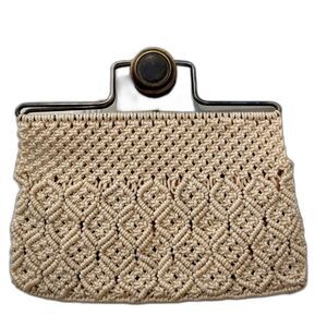 VINTAGE 70s Boho Macrame Handbag w/Metal Top Handles, Fully Lined